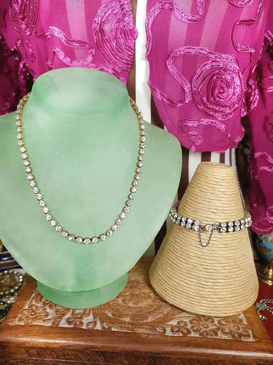 Vintage 1950s Rhinestone Necklace Bracelet Set Demi Parure Mid-Century