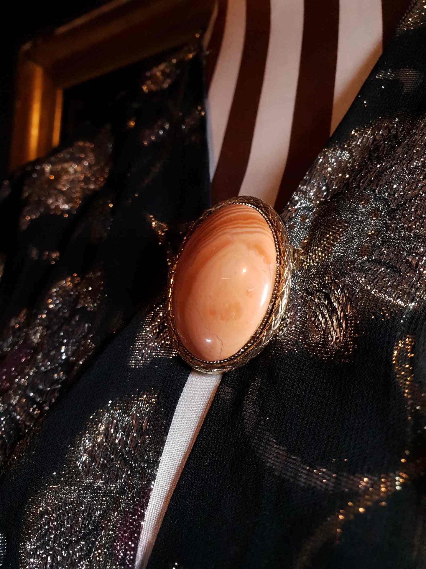 Vintage 1950s Agate Brooch Pendant Oval Orange Peach