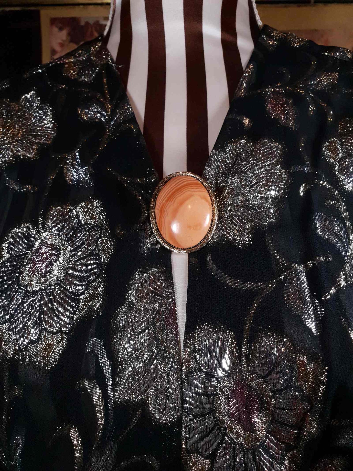 Vintage 1950s Agate Brooch Pendant Oval Orange Peach