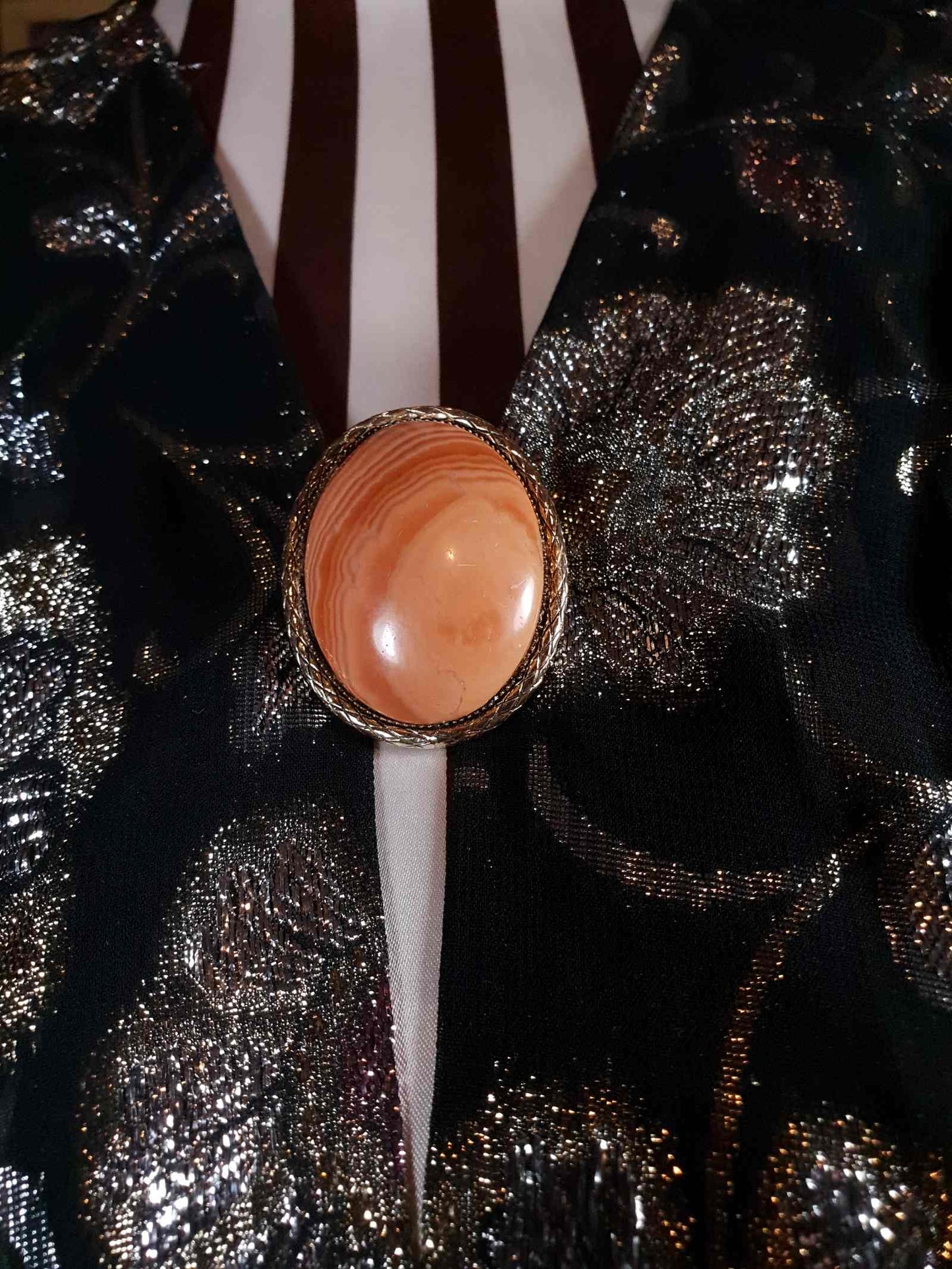 Vintage 1950s Agate Brooch Pendant Oval Orange Peach