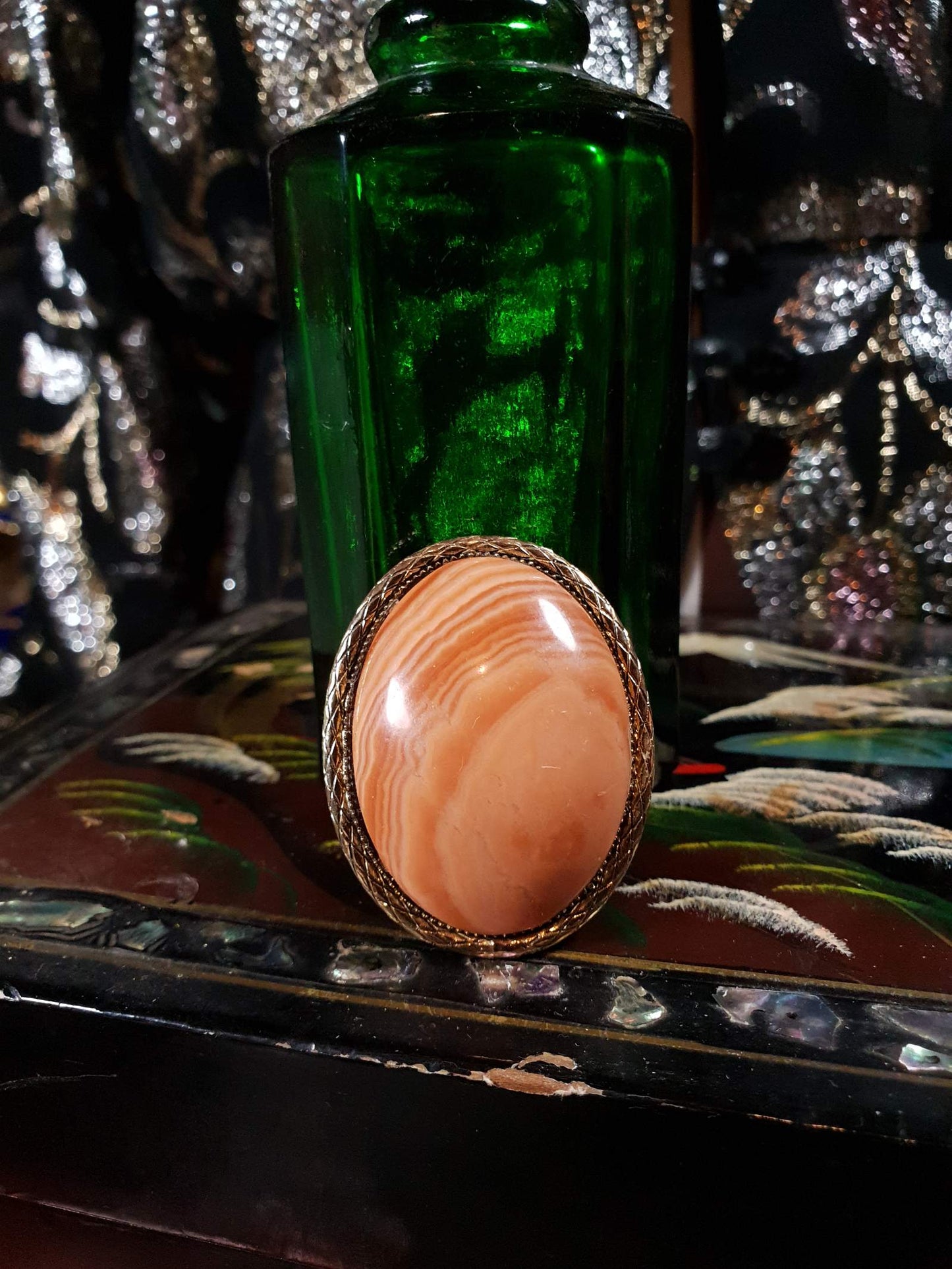 Vintage 1950s Agate Brooch Pendant Oval Orange Peach