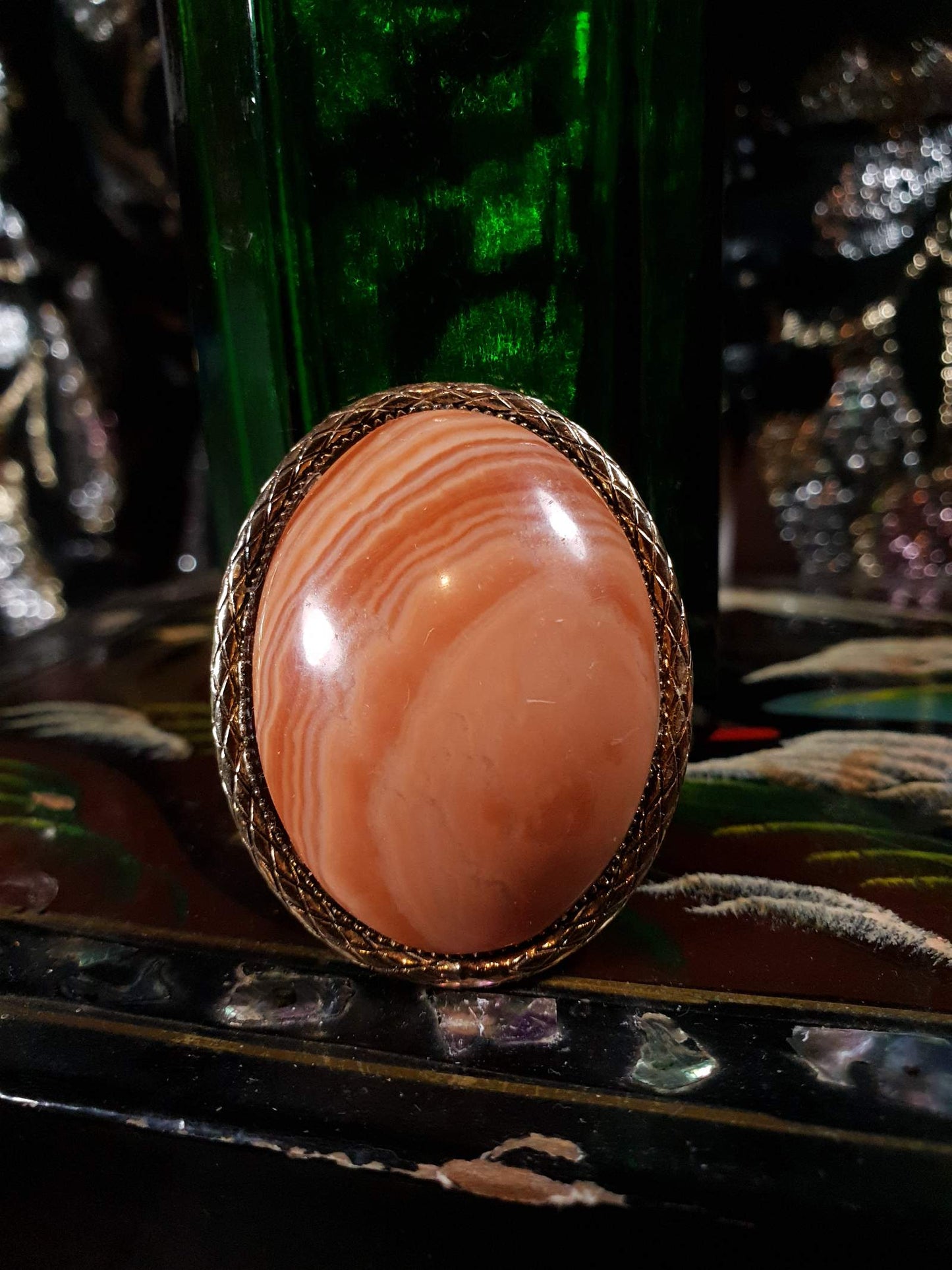 Vintage 1950s Agate Brooch Pendant Oval Orange Peach