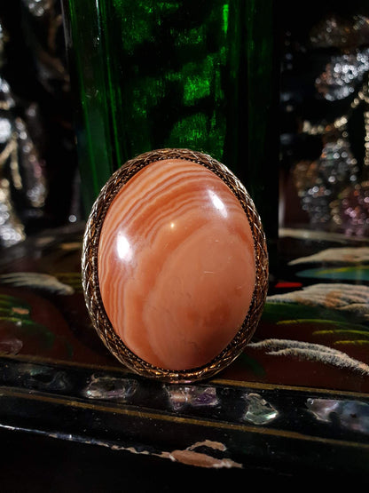 Vintage 1950s Agate Brooch Pendant Oval Orange Peach