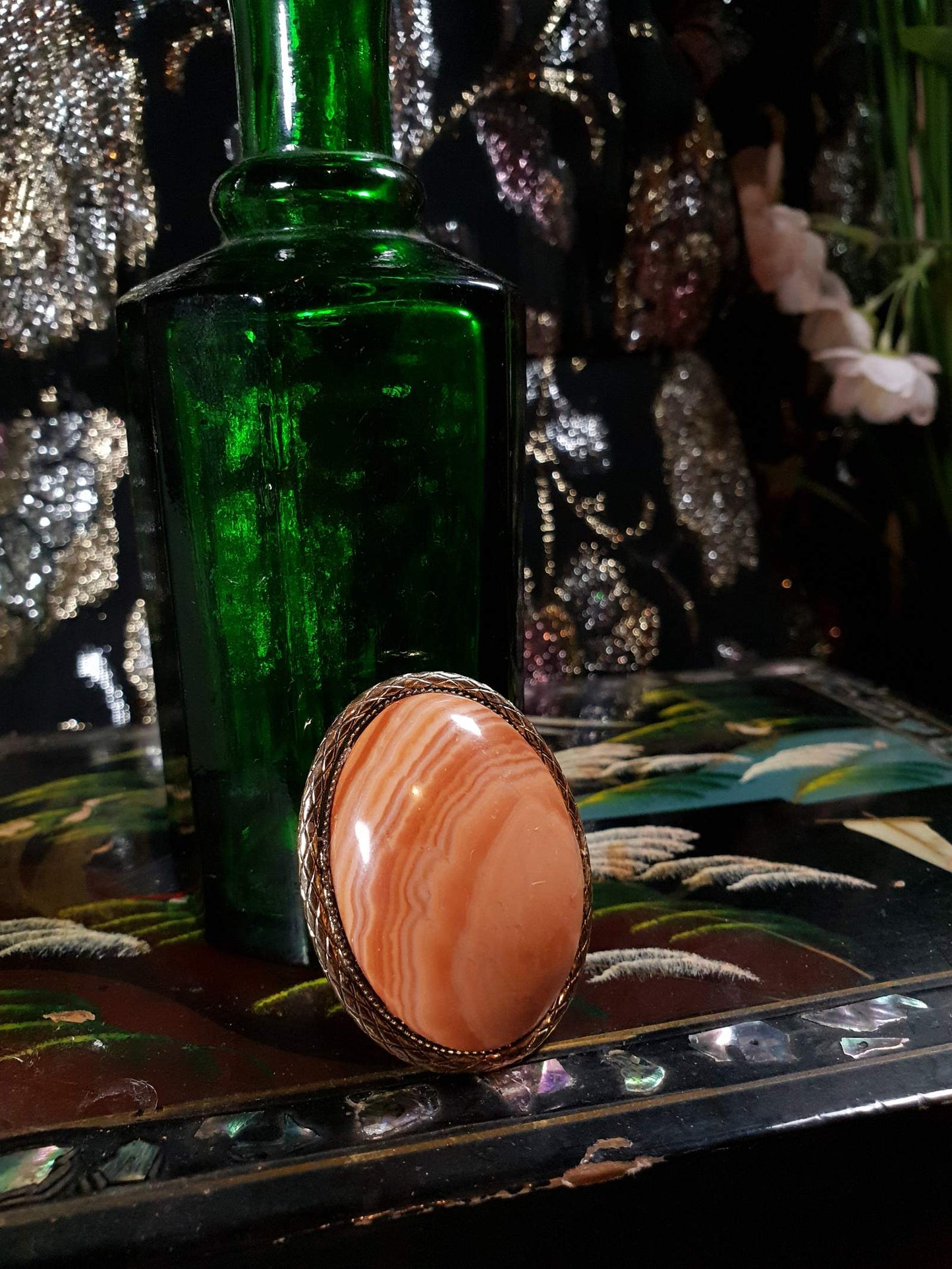 Vintage 1950s Agate Brooch Pendant Oval Orange Peach