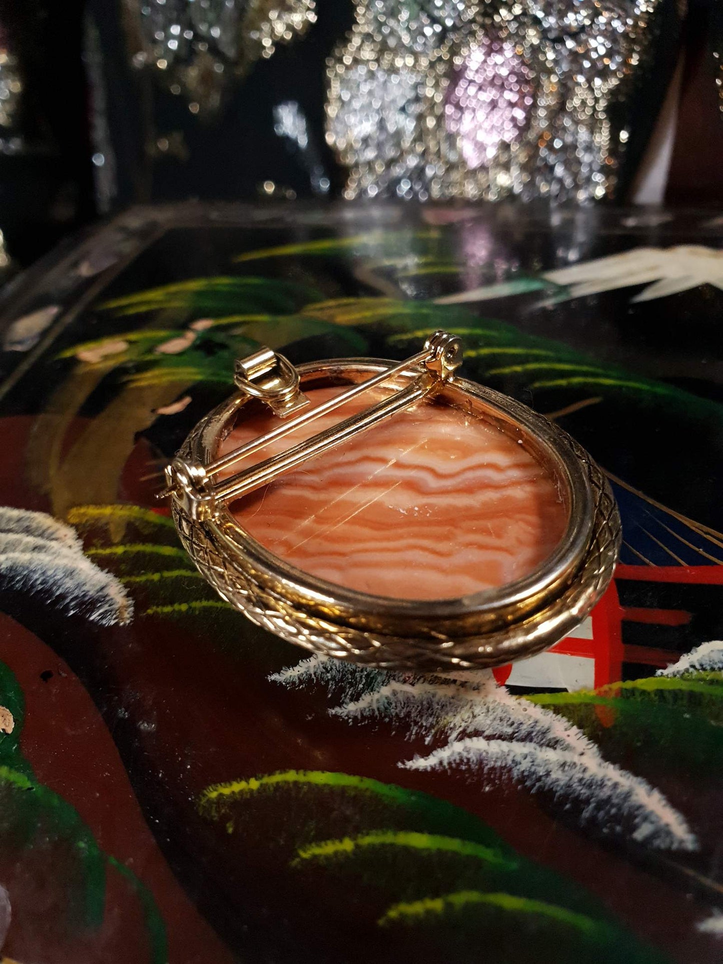 Vintage 1950s Agate Brooch Pendant Oval Orange Peach