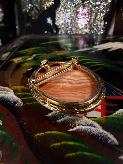 Vintage 1950s Agate Brooch Pendant Oval Orange Peach