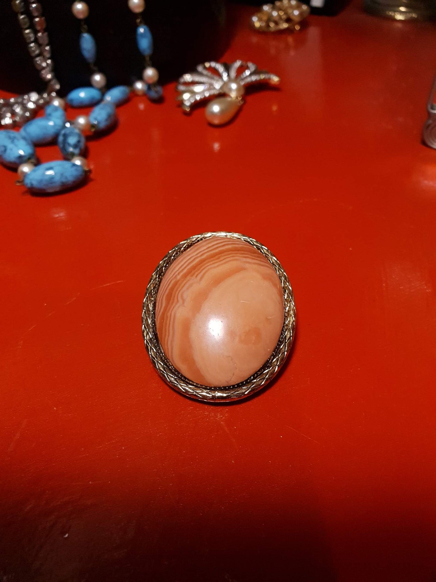 Vintage 1950s Agate Brooch Pendant Oval Orange Peach