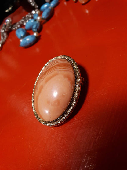 Vintage 1950s Agate Brooch Pendant Oval Orange Peach