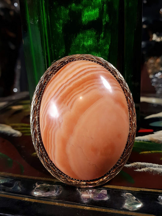Vintage 1950s Agate Brooch Pendant Oval Orange Peach