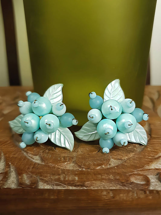 Vintage 1950s Blue Flower Leaf Earrings Retro Clip-Ons Mid-Century
