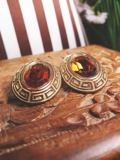 Vintage 1950s Oval Amber Glass Rhinestone Earrings Clip On Greek Key Mid-Century