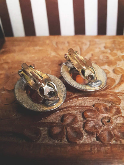 Vintage 1950s Oval Amber Glass Rhinestone Earrings Clip On Greek Key Mid-Century