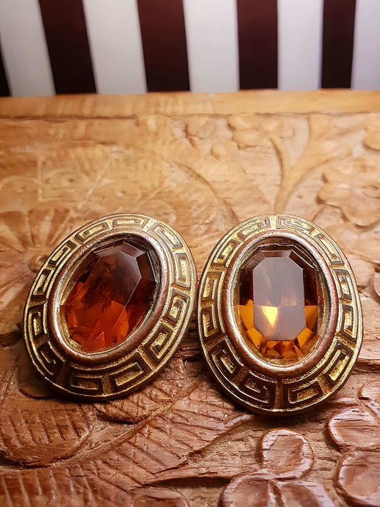 Vintage 1950s Oval Earrings Clip On Greek Key Amber Glass Gold Tone
