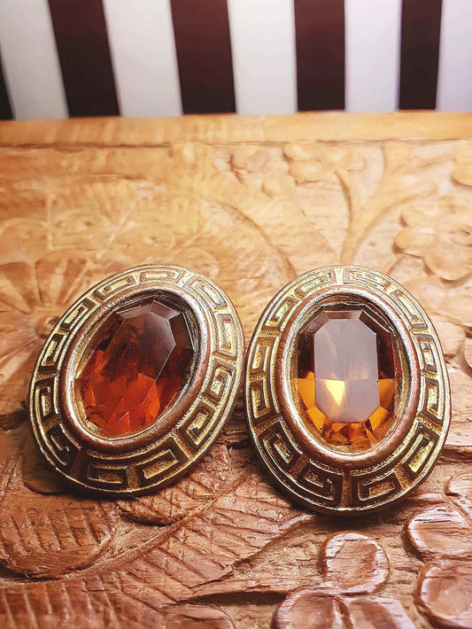 Vintage 1950s Oval Amber Glass Rhinestone Earrings Clip On Greek Key Mid-Century