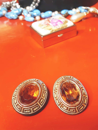 Vintage 1950s Oval Amber Glass Rhinestone Earrings Clip On Greek Key Mid-Century