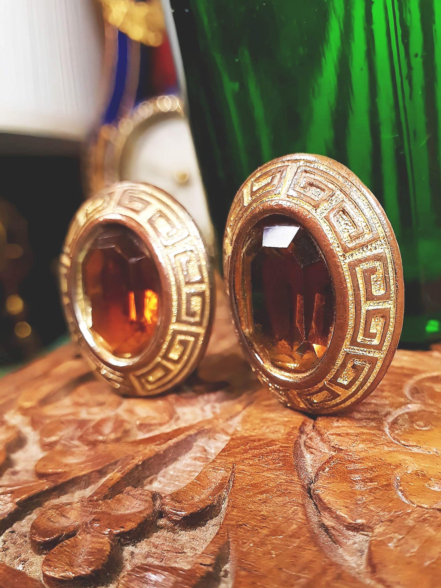 Vintage 1950s Oval Amber Glass Rhinestone Earrings Clip On Greek Key Mid-Century