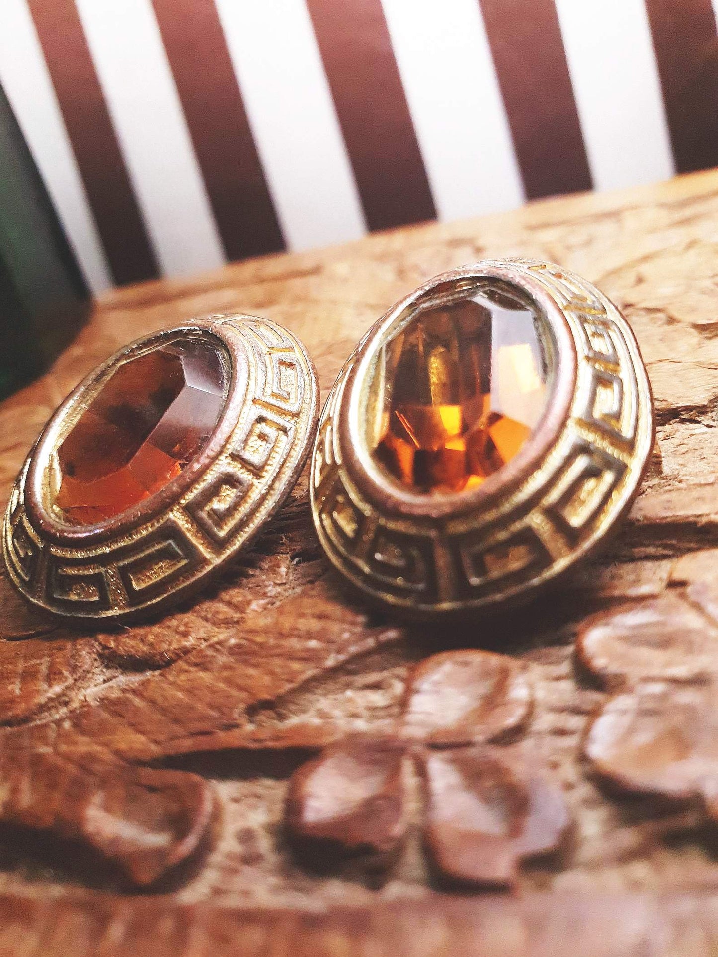 Vintage 1950s Oval Amber Glass Rhinestone Earrings Clip On Greek Key Mid-Century