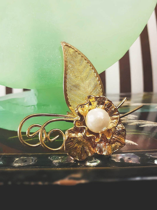 Vintage 1950s Faux Pearl Brooch French Flower Leaf Corsage Gold Tone Mid-Century