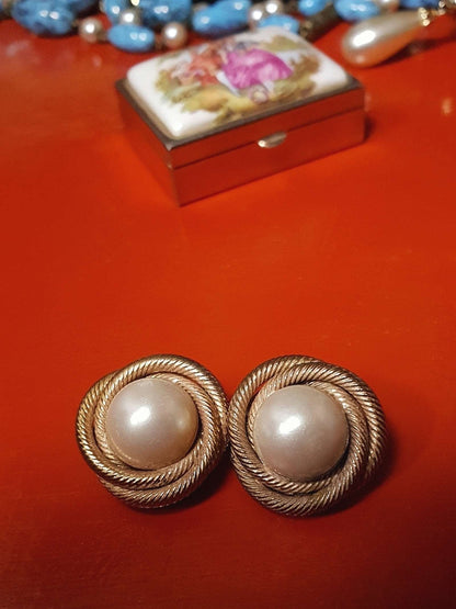 Vintage 1960s Faux Pearl Earrings Rope Design Gold Tone Clip-On Retro