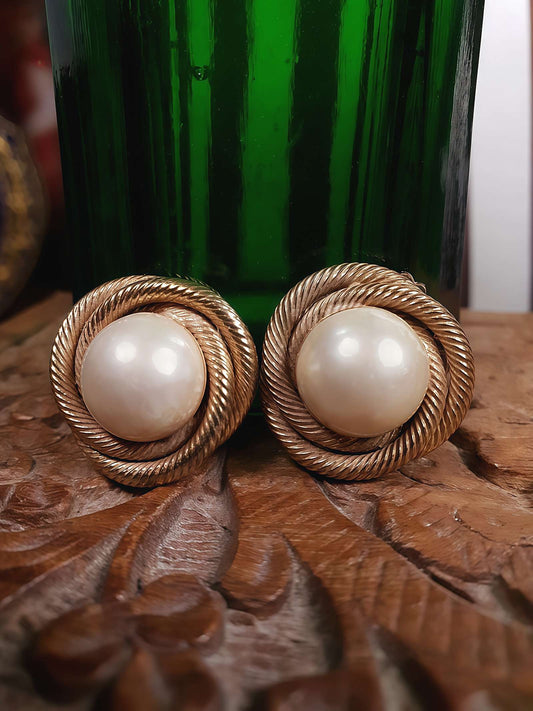 Vintage 1960s Faux Pearl Earrings Rope Design Gold Tone Clip-On Retro