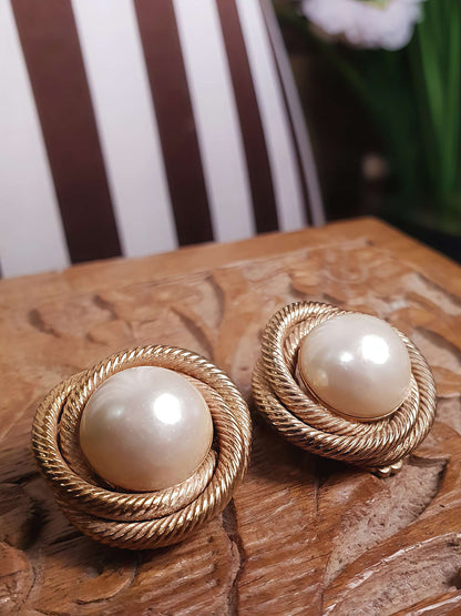 Vintage 1960s Faux Pearl Earrings Rope Design Gold Tone Clip-On Retro