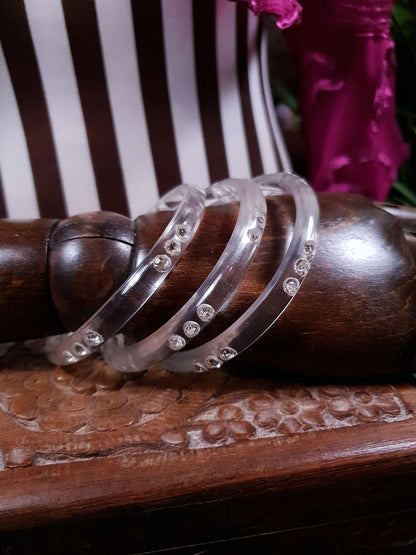 Vintage 1950s Lucite Rhinestone Bangles Set Of Three Bracelets Clear