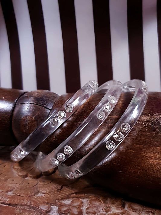 Vintage 1950s Lucite Rhinestone Bangles Set Of Three Bracelets Clear