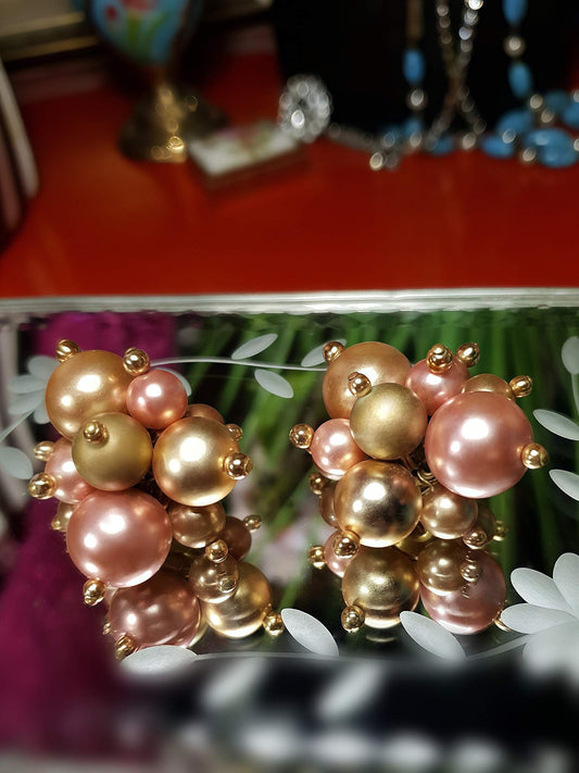 Vintage 1950s Mid Century Earrings Faux Pearl Atomic Sputnik Pink Gold