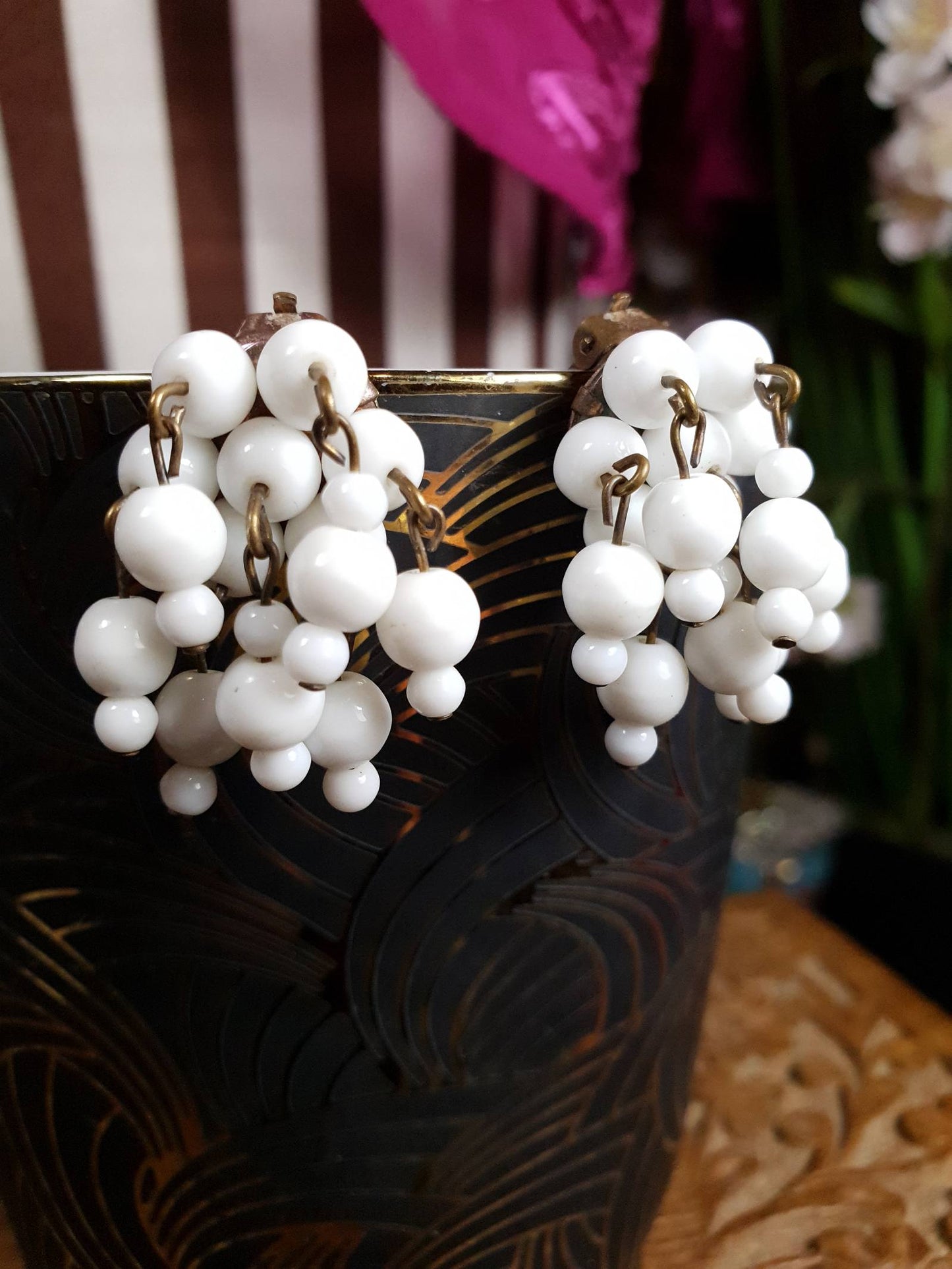 Vintage 1950s Milk Glass Earrings Clip On Dangle Drop Waterfall Cascade Retro