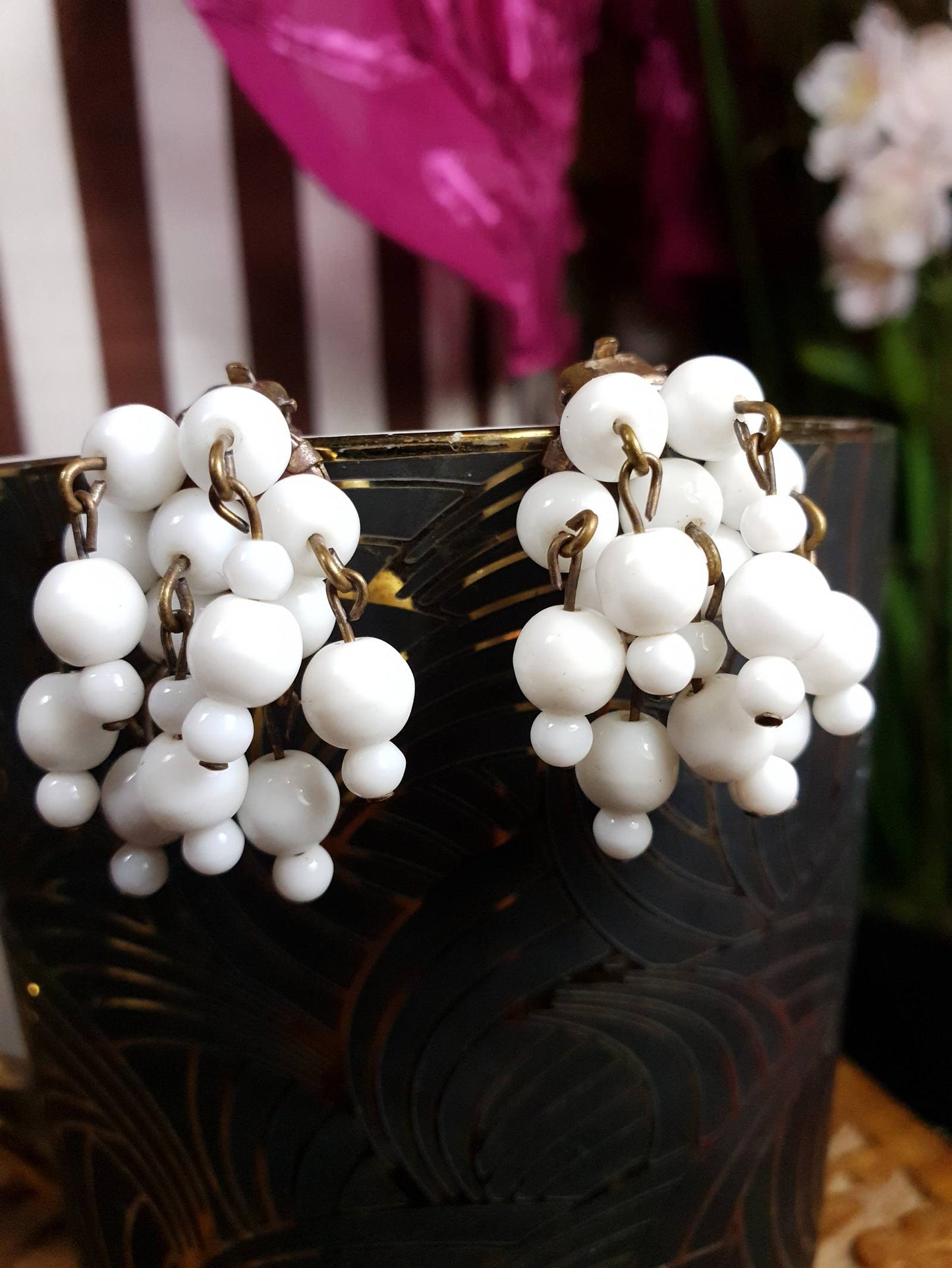 Vintage 1950s Milk Glass Earrings Clip On Dangle Drop Waterfall Cascade Retro