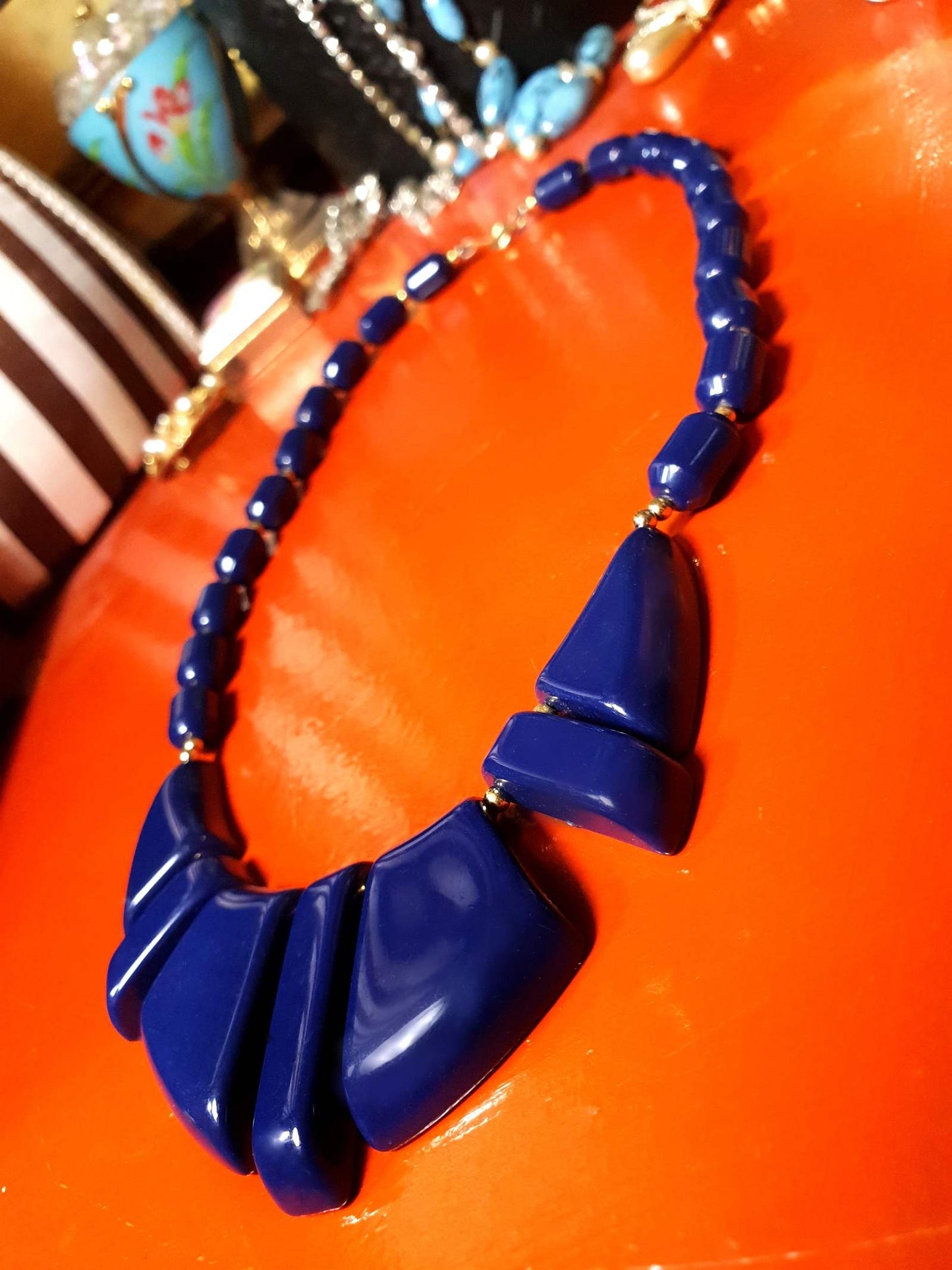 Vintage 1950s Modernist Necklace 18" MCM Navy Blue Resin Gold Tone