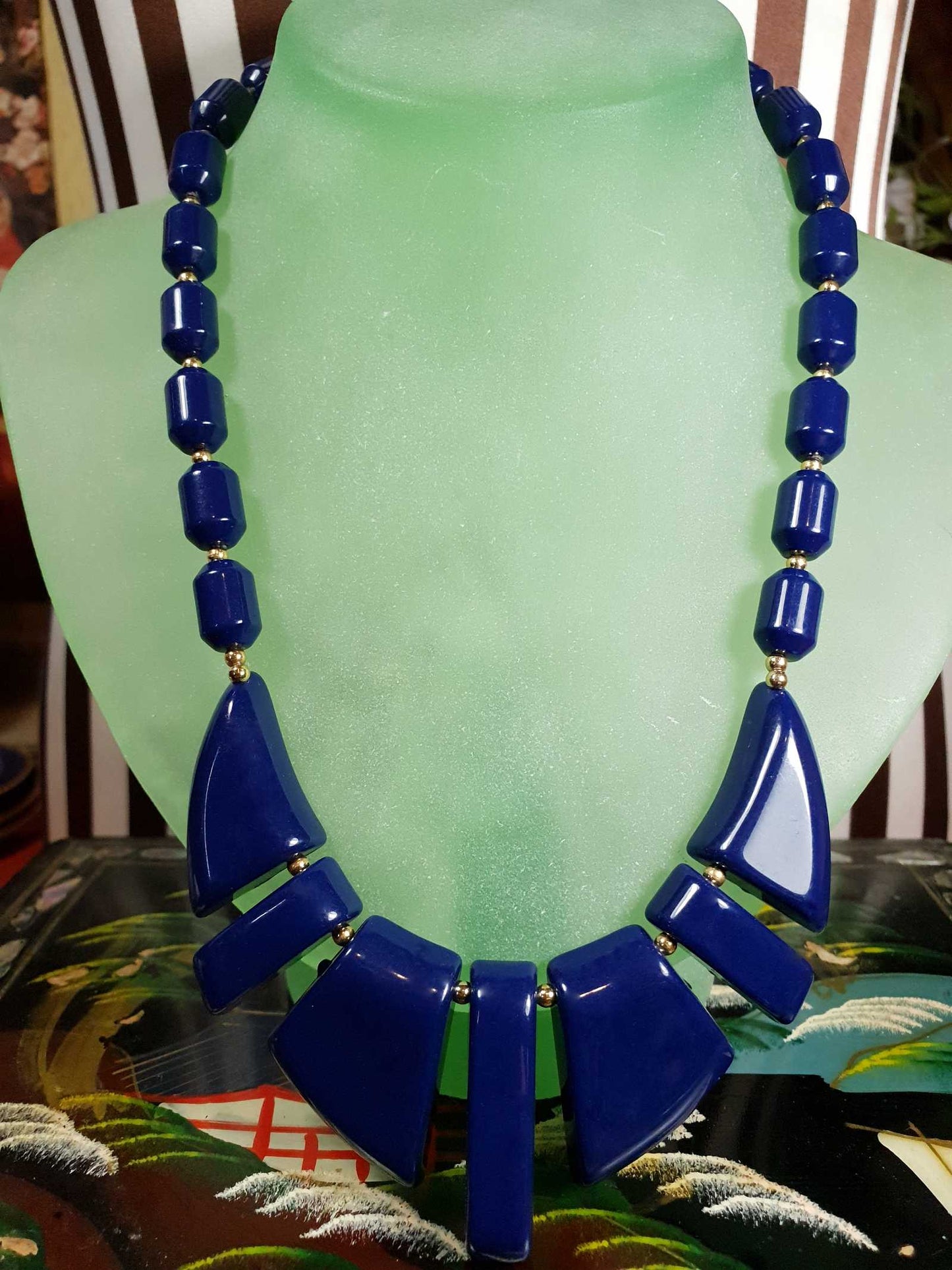 Vintage 1950s Modernist Necklace 18" MCM Navy Blue Resin Gold Tone
