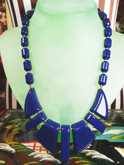 Vintage 1950s Modernist Necklace 18" MCM Navy Blue Resin Gold Tone
