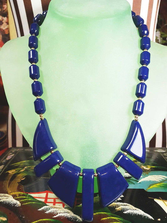 Vintage 1950s Modernist Necklace 18" MCM Navy Blue Resin Gold Tone