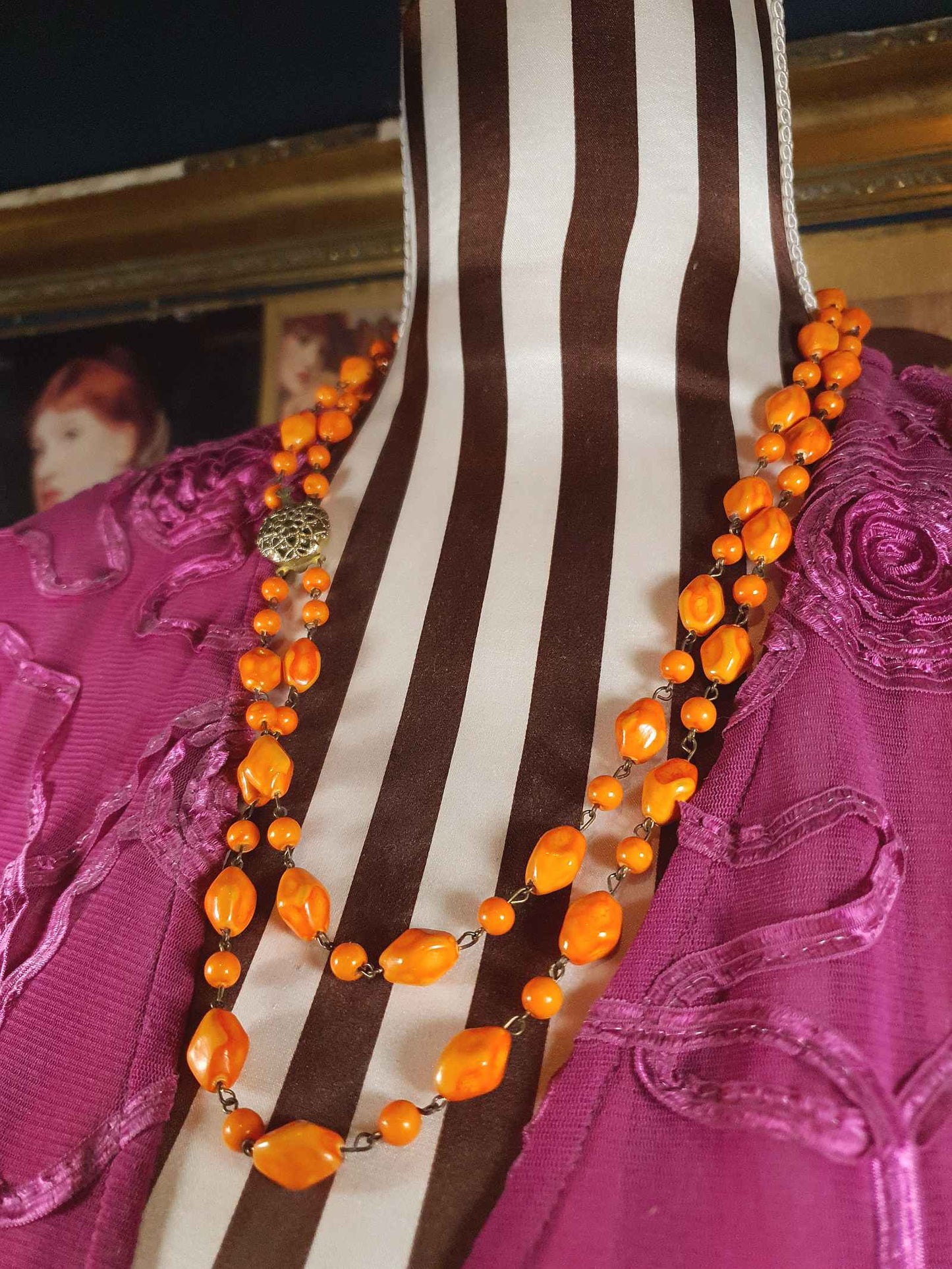 Vintage 1950s Necklace 25" Orange Ceramic Beads Two Tier West Germany