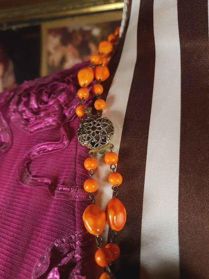 Vintage 1950s Necklace 25" Orange Ceramic Beads Two Tier West Germany
