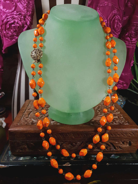 Vintage 1950s Necklace 25" Orange Ceramic Beads Two Tier West Germany
