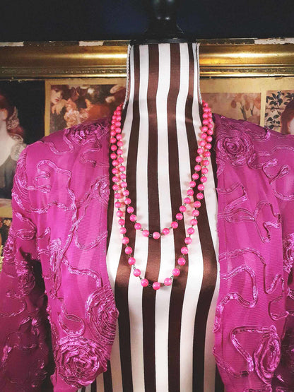 Vintage 1950s Pink Ceramic Bead Necklace 54" Longline Mid-Century