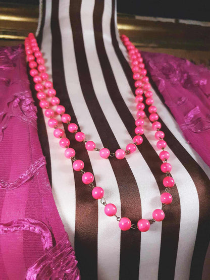 Vintage 1950s Pink Ceramic Bead Necklace 54" Longline Mid-Century
