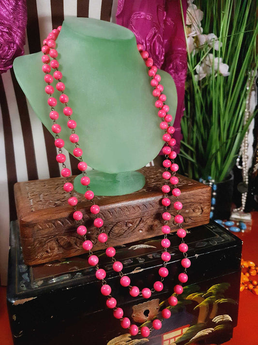 Vintage 1950s Pink Ceramic Bead Necklace 54" Longline Mid-Century