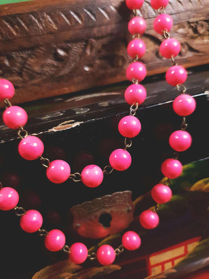 Vintage 1950s Pink Ceramic Bead Necklace 54" Longline Mid-Century