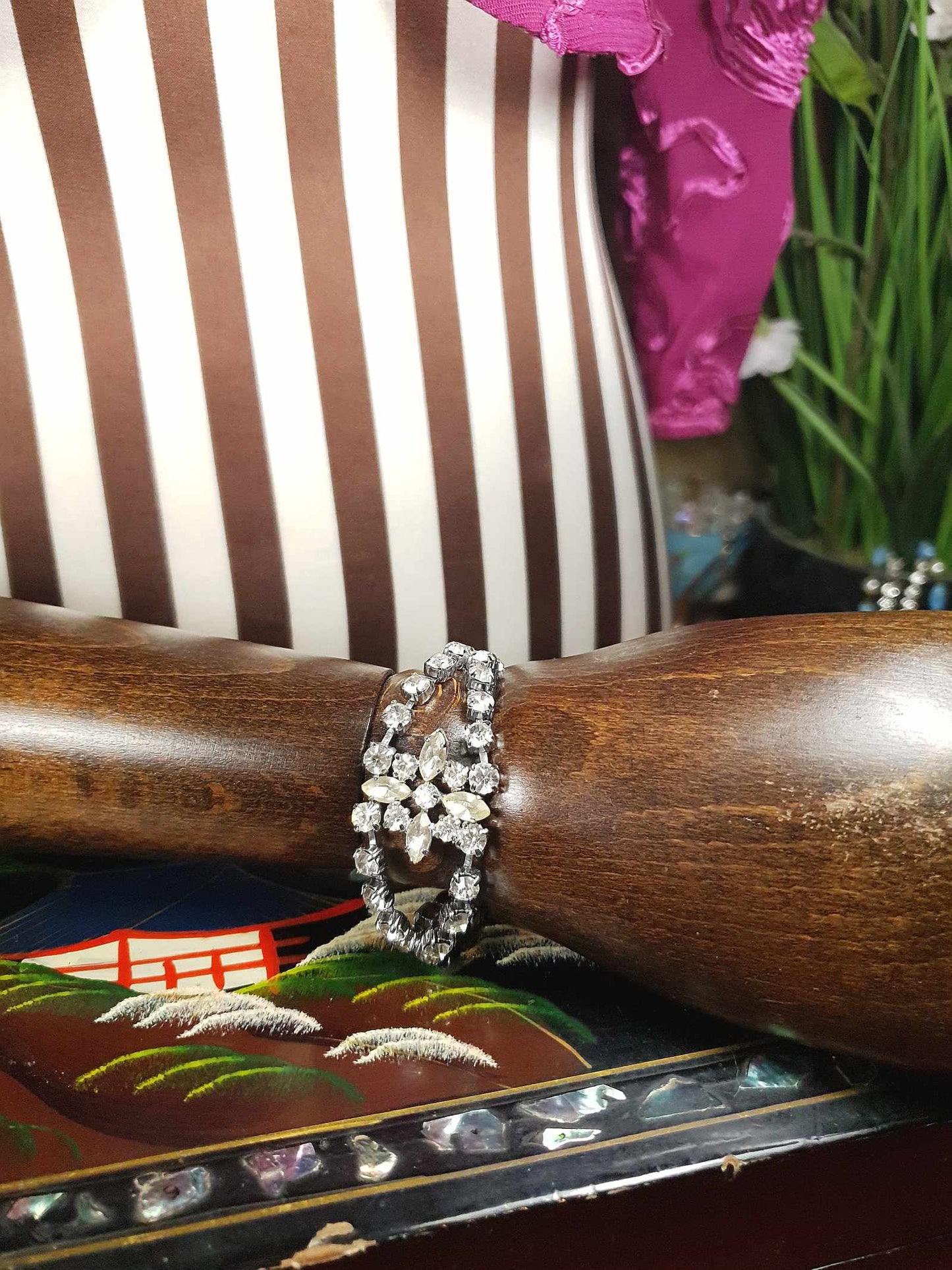 Vintage 1950s Rhinestone Bracelet Flower Floral Mid-Century