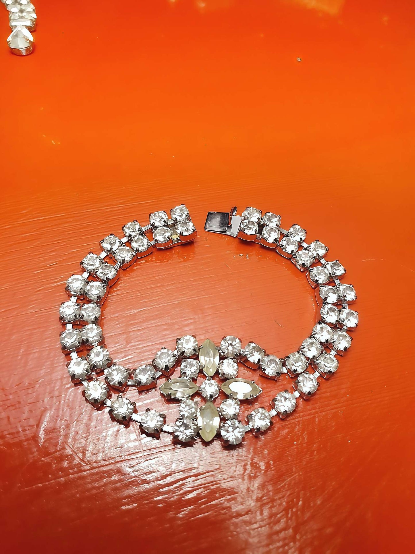 Vintage 1950s Rhinestone Bracelet Flower Floral Mid-Century
