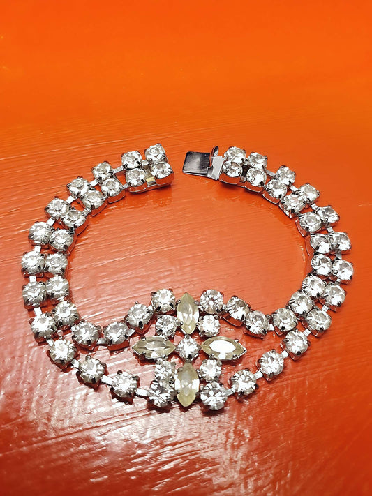 Vintage 1950s Rhinestone Bracelet Flower Floral Mid-Century