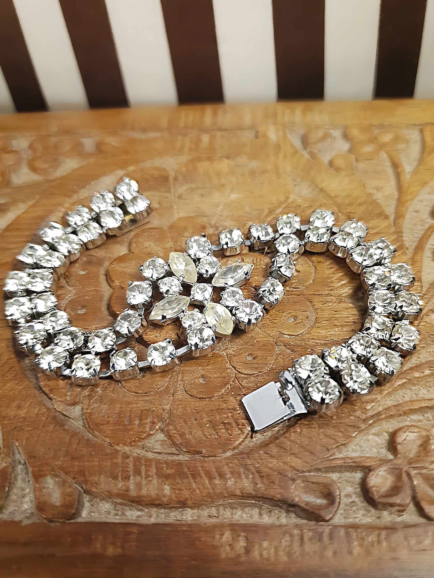 Vintage 1950s Rhinestone Bracelet Flower Floral Mid-Century