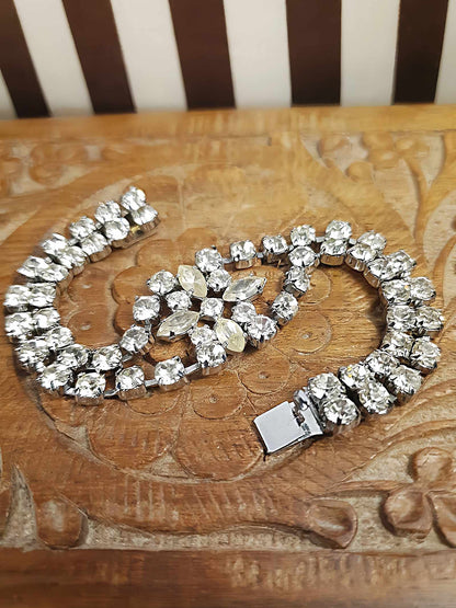 Vintage 1950s Rhinestone Bracelet Flower Floral Mid-Century