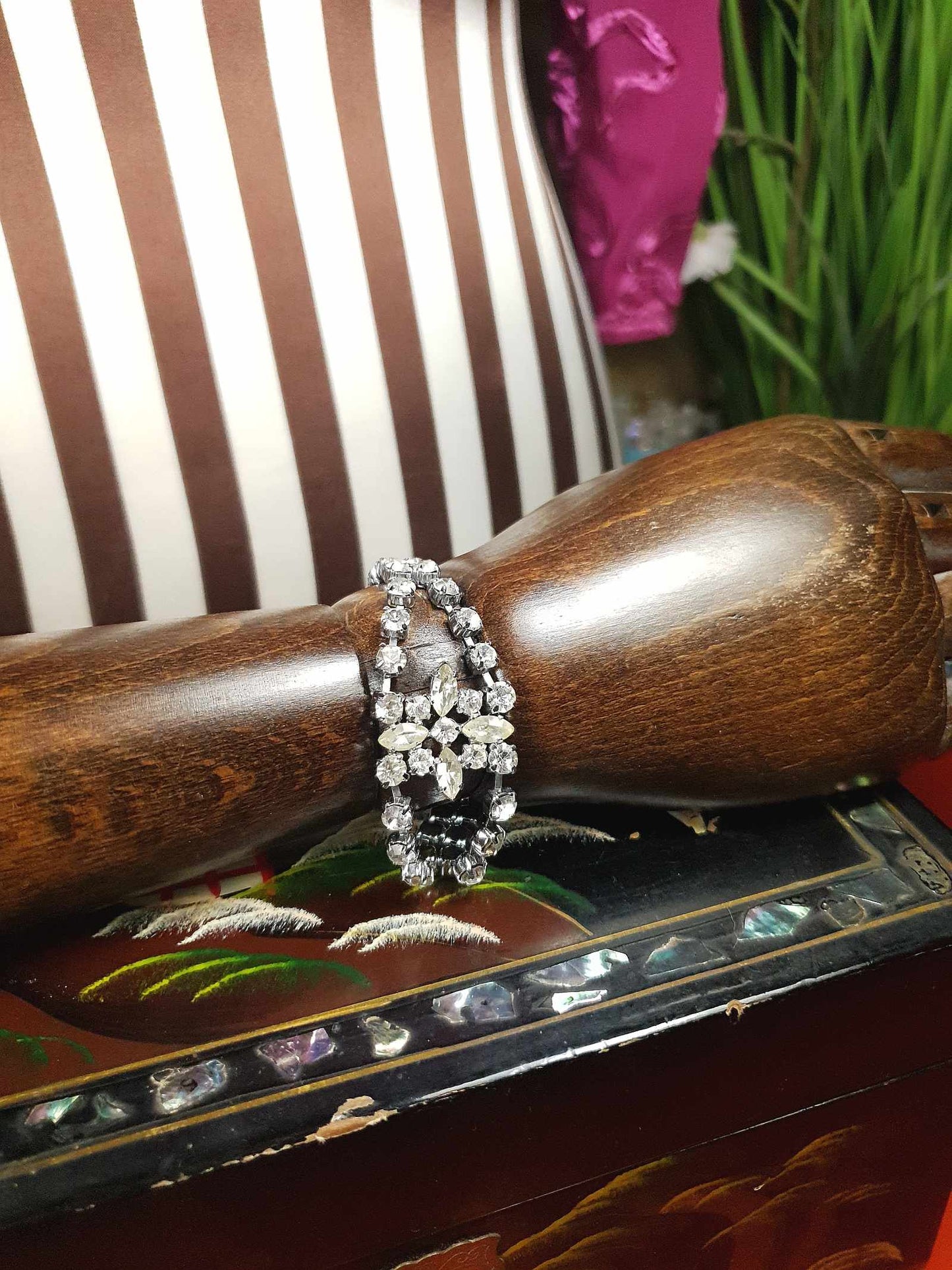 Vintage 1950s Rhinestone Bracelet Flower Floral Mid-Century