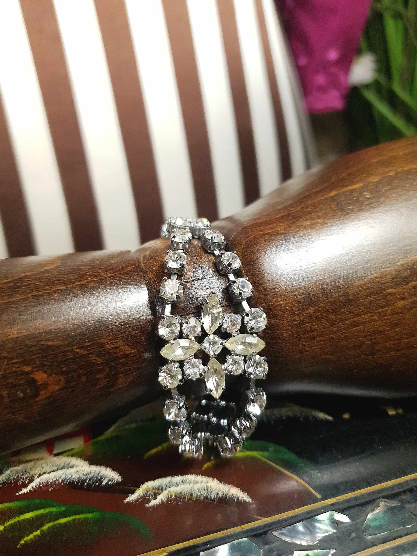 Vintage 1950s Rhinestone Bracelet Flower Floral Mid-Century