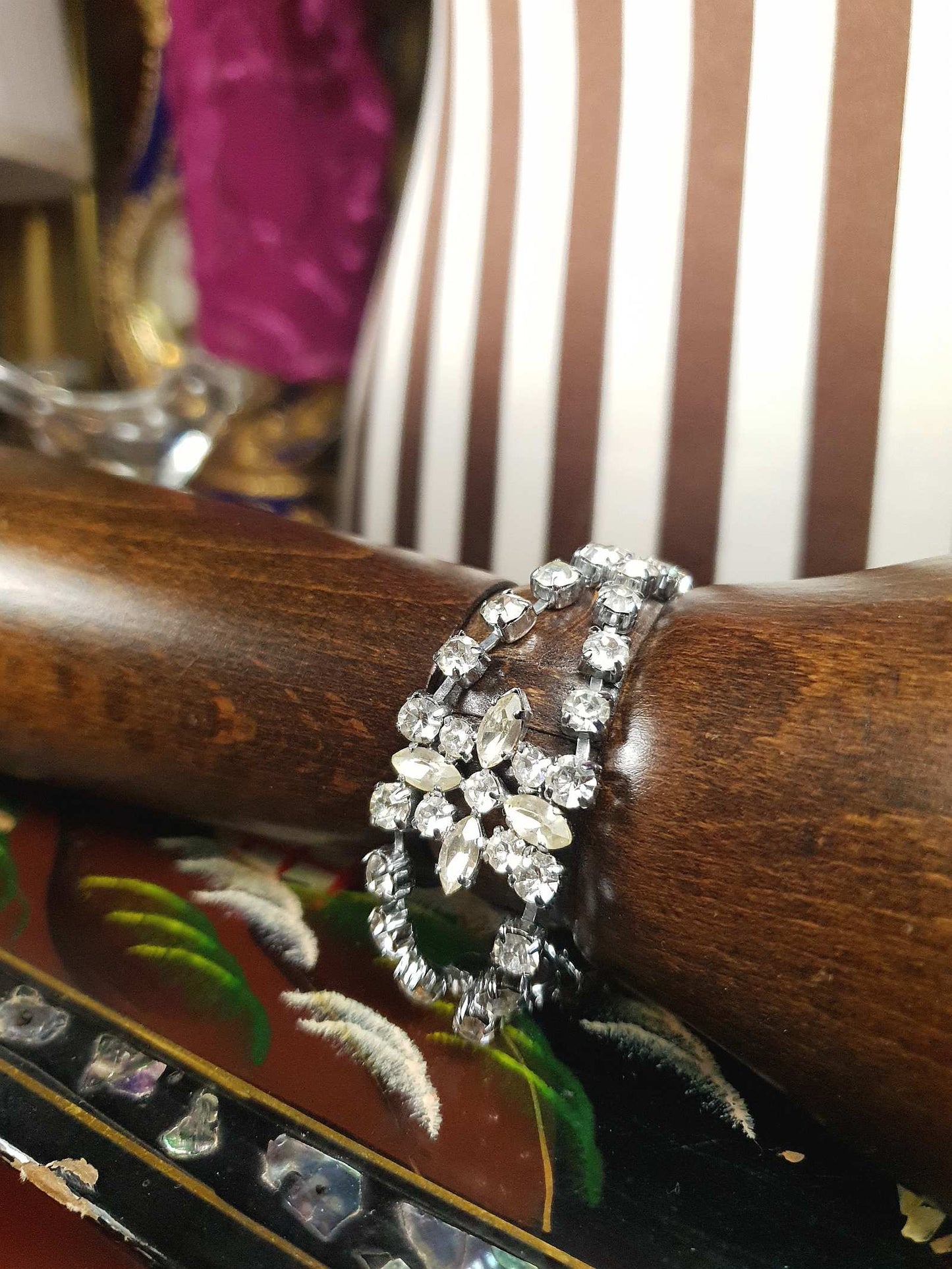 Vintage 1950s Rhinestone Bracelet Flower Floral Mid-Century