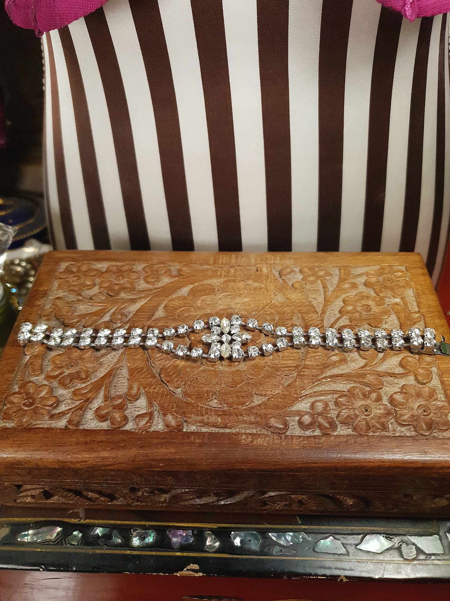 Vintage 1950s Rhinestone Bracelet Flower Floral Mid-Century